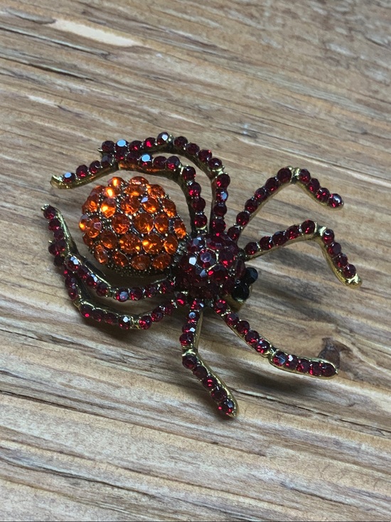 Source Unknown Jewelry - Sparkling Spider Red and Orange Crystal Accent Brooch